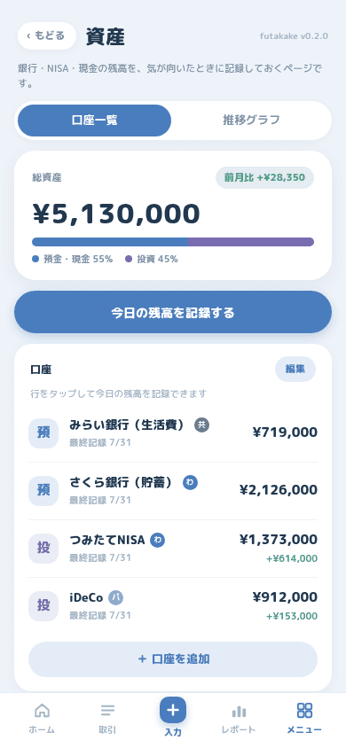 口座ごとの残高と総資産・預金投資比率が並ぶ資産画面