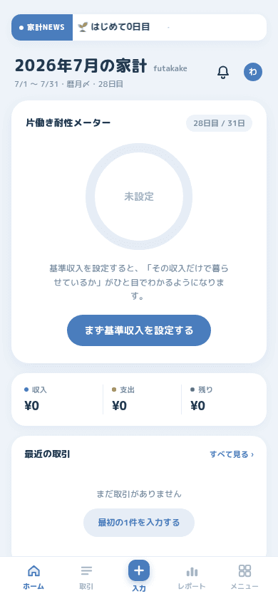 片働き耐性メーターが「未設定」と表示されている、記録が1件もないホーム画面