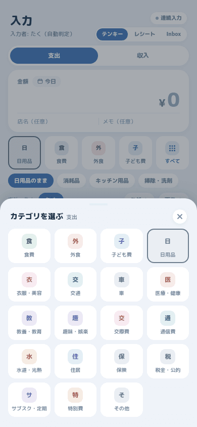 すべてのカテゴリが一覧表示されたダイアログ