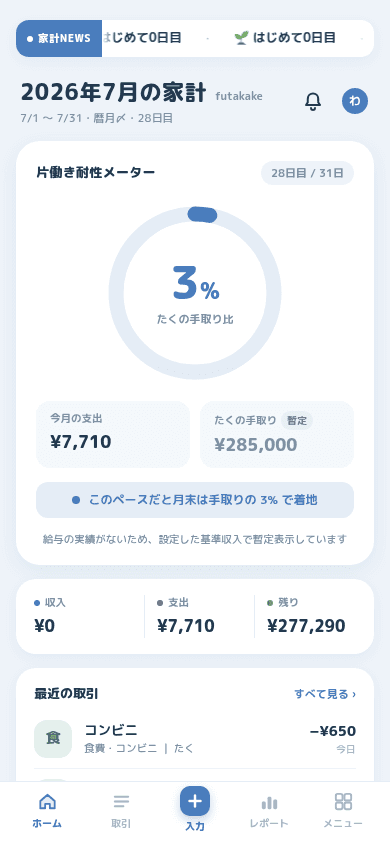 片働き耐性メーターと、収入・支出・残りの3列が並ぶホーム画面